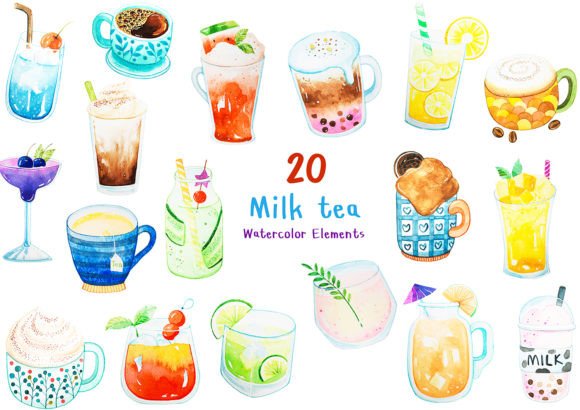 20 Elements Milk Tea Watercolor Clipart and Illustrations