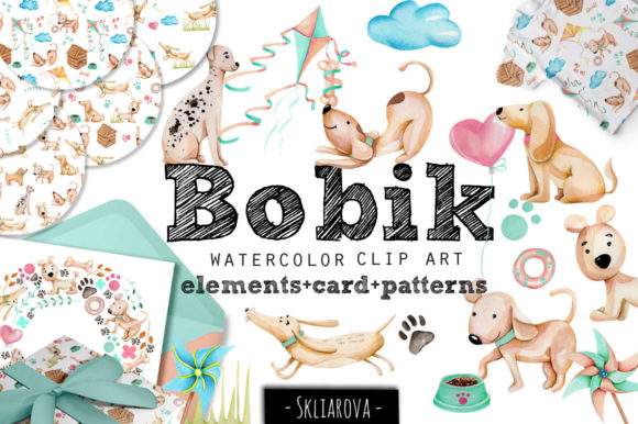 Bobik Funny Dogs Watercolor Clipart Collection and Illustrations