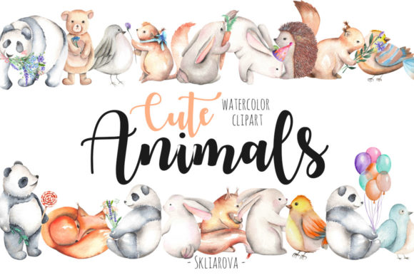 Cute Animals Watercolor Clipart and Illustrations