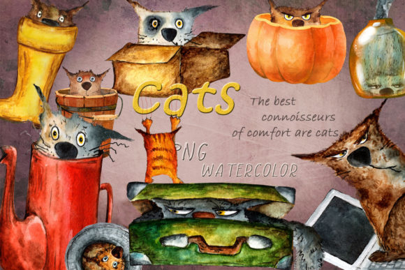 Funny Cats Watercolor Drawings Png