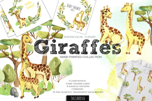 Giraffes Watercolor Clipart and Illustrations