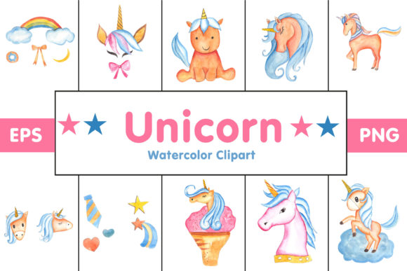 Magical Unicorns Watercolor Clipart for Illustrations