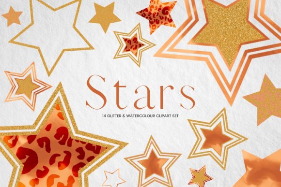 Orange Watercolor and Glitter Star Illustrations