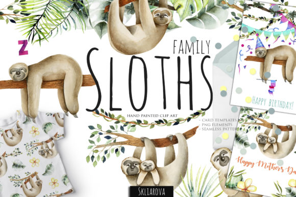 Sloths Family Watercolor Clipart