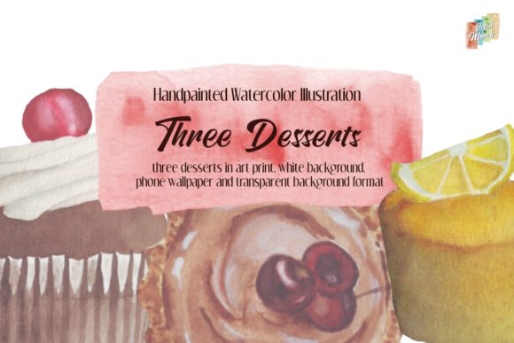 Three Desserts Watercolor Art Print and Illustrations