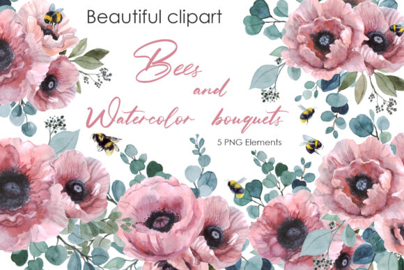 Watercolor Bee Flower Clipart Insect Png Illustrations