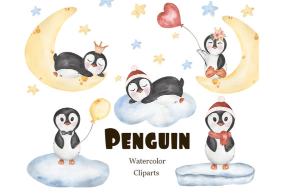 Watercolor Cute Baby Penguin Clipart Set