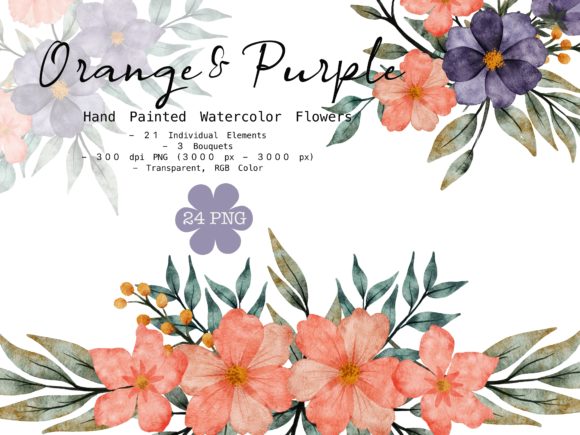 Watercolor Orange Purple Flowers