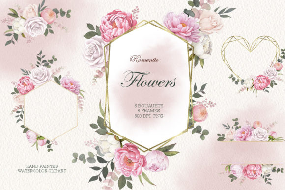 Watercolor Peony Frames Clipart and Illustrations