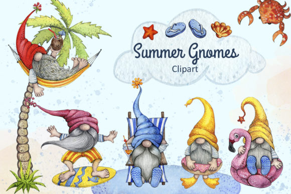 Watercolor Summer Beach Gnomes Clipart and Illustrations