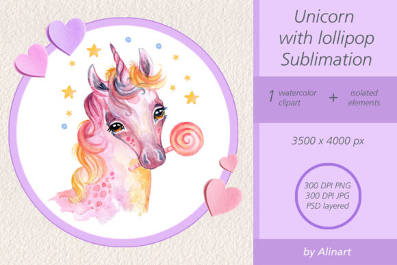 Watercolor Unicorn Lollipop Sublimation Illustrations
