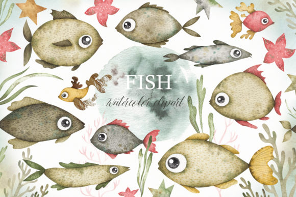 Watercolor Vintage Fish Clipart and Illustrations