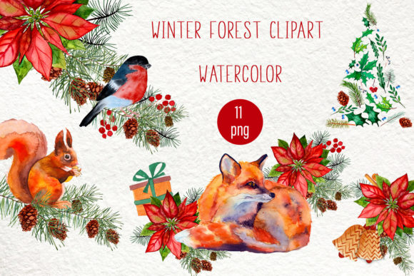 Watercolor Winter Forest Clipart and Illustrations