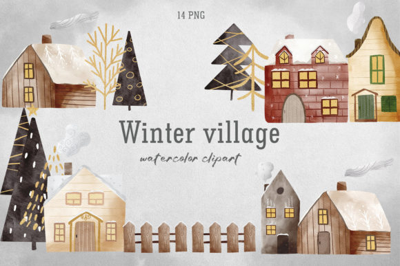 Watercolor Winter Houses Clipart PNG and Illustrations